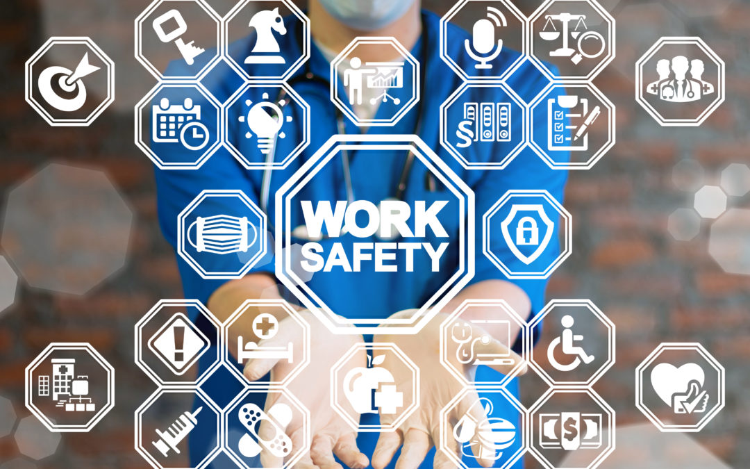 Work Safety Medicine concept. Safe Health, Security Workplace. Medical worker using virtual interface offers work safety text icon.
