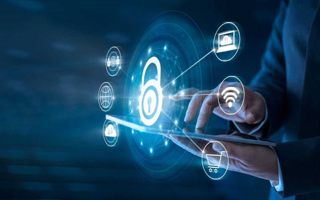 Businessman using tablet and set up network connection with shield guard to protected from cyber attacks. Network security system concept