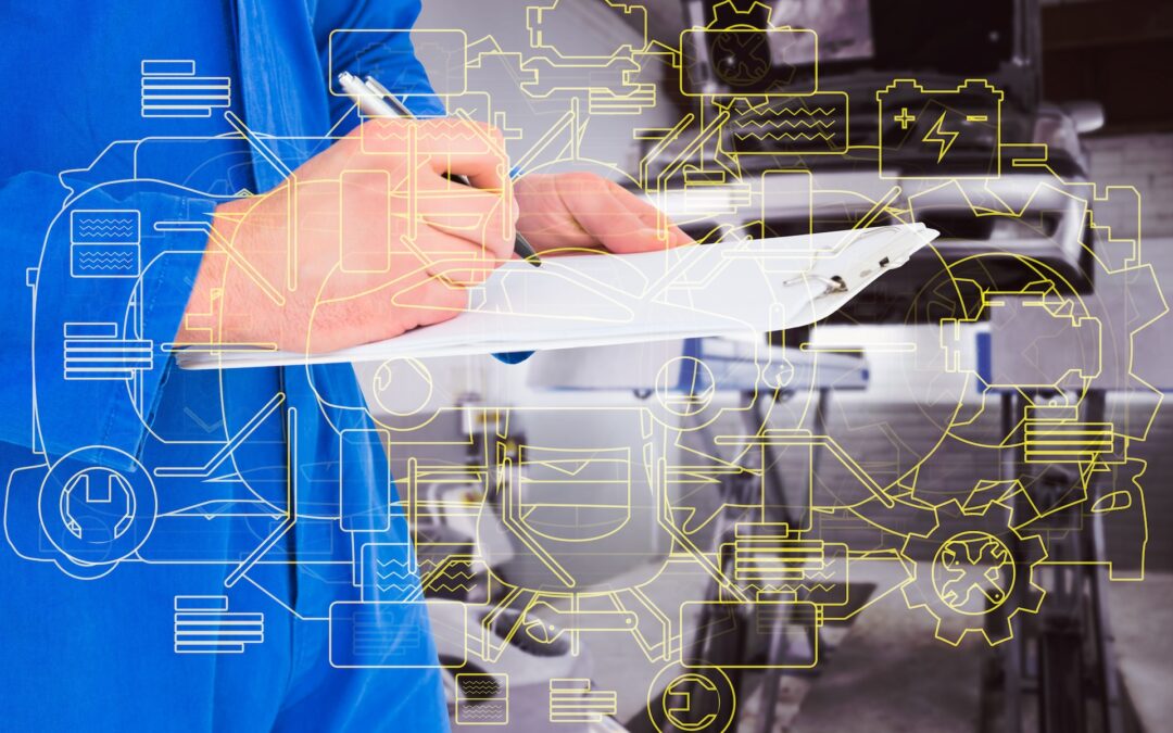 Composite image of male mechanic writing on clipboard