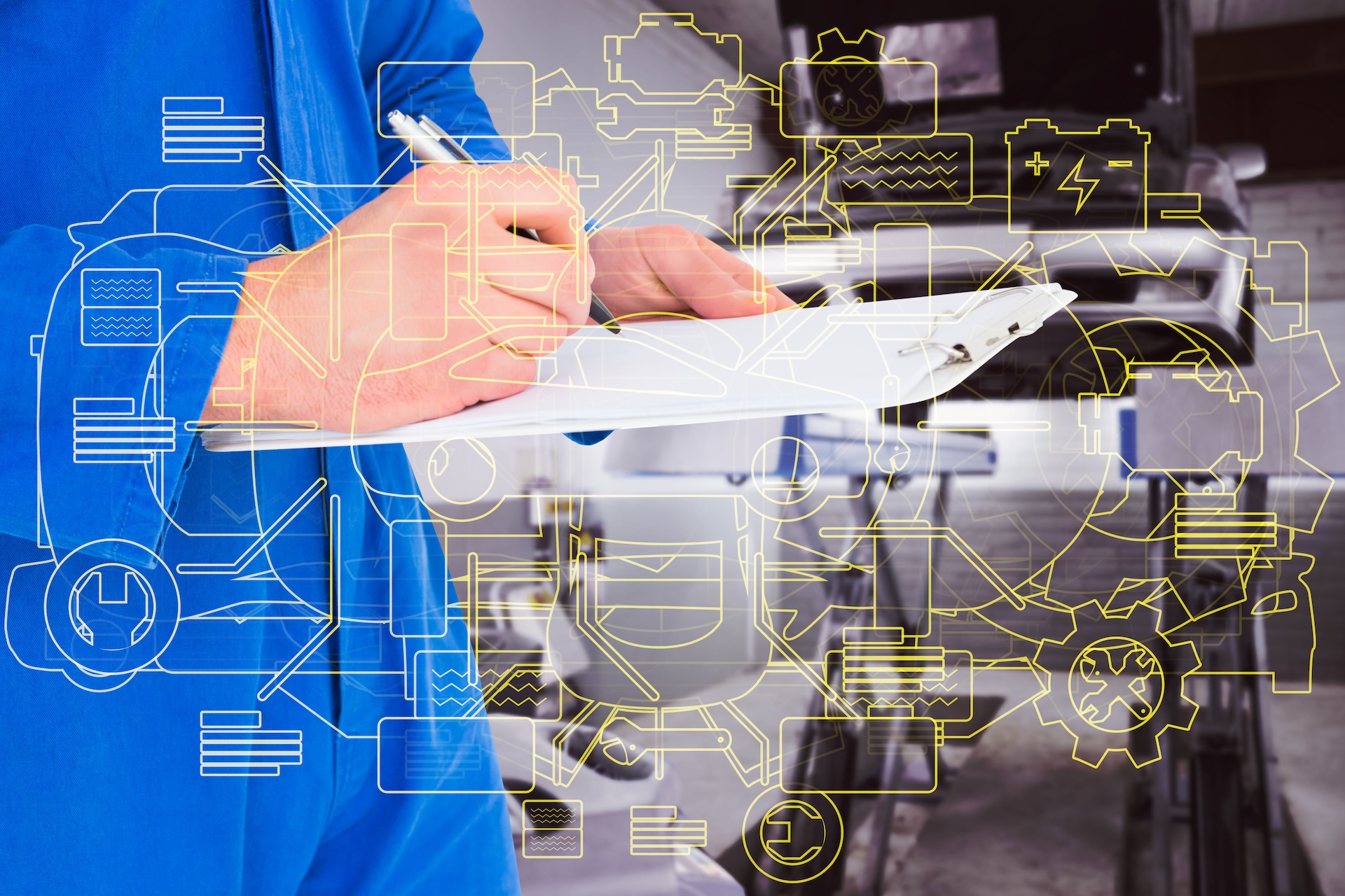 Composite image of male mechanic writing on clipboard
