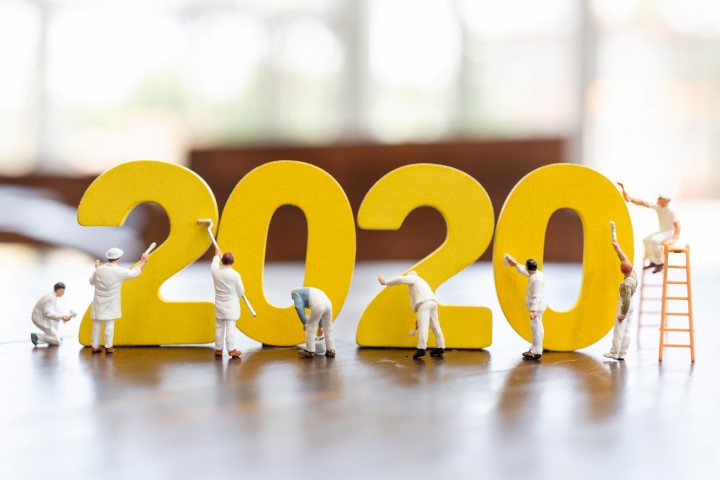 Miniature worker team painted number 2020 , Happy new year 2019 concept
