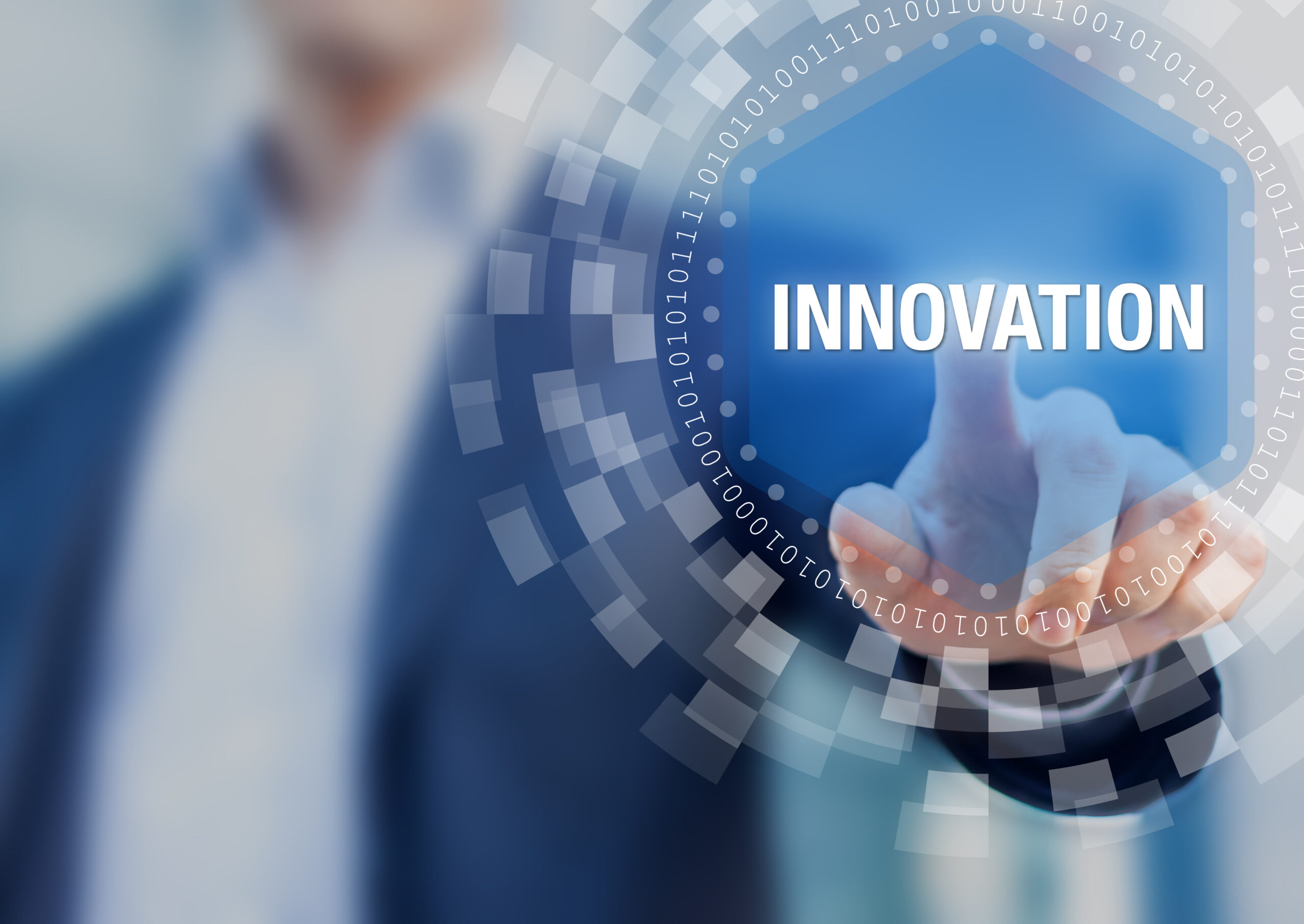 Innovation concept, researcher presenting innovative ideas, new technologies, virtual screen