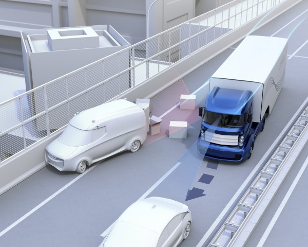 Autonomous car changing lane quickly to avoid a traffic accident. Concept for driver assistance systems. 3D rendering image.