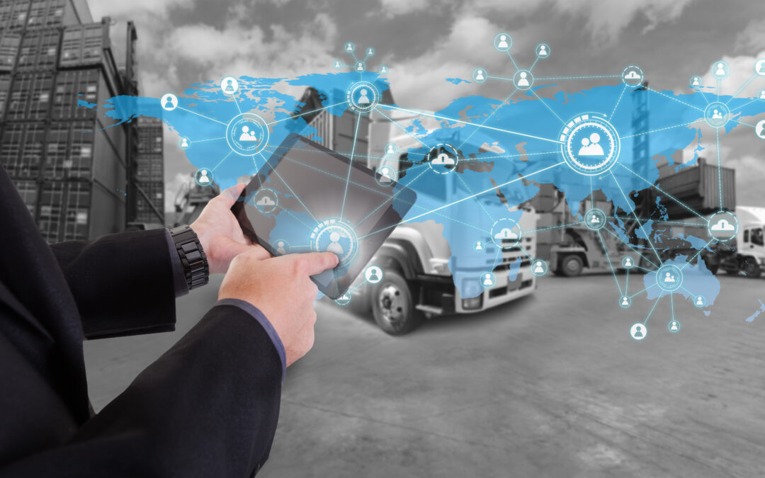 hand presses on world map with social media,Truck with Industrial Container Cargo for Logistic Import Export at yard (Elements of this image furnished by NASA)