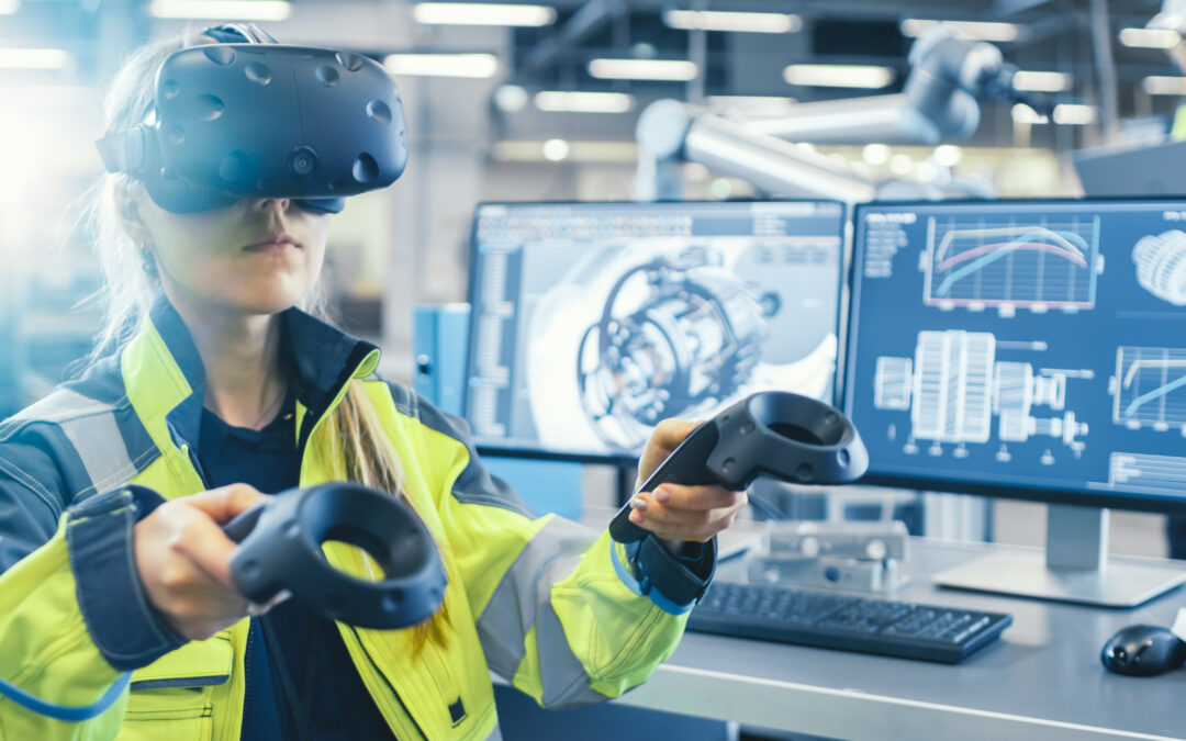Factory: Female Industrial Engineer Wearing Virtual Reality Headset and Holding Controllers, She Uses VR technology for Industrial Design, Development and Prototyping in CAD Software.