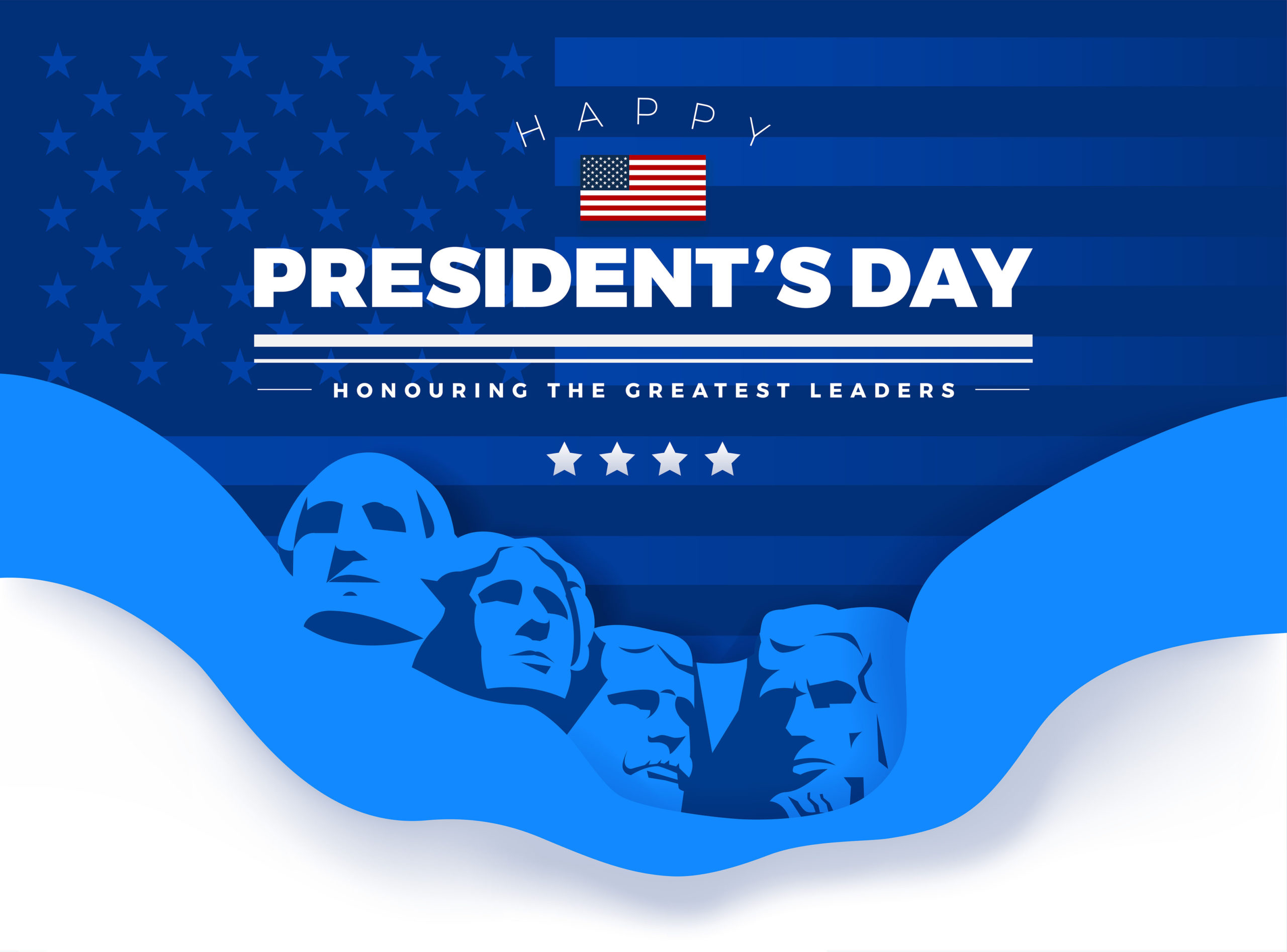 Happy Presidents Day card with Rushmore four presidents backgrou
