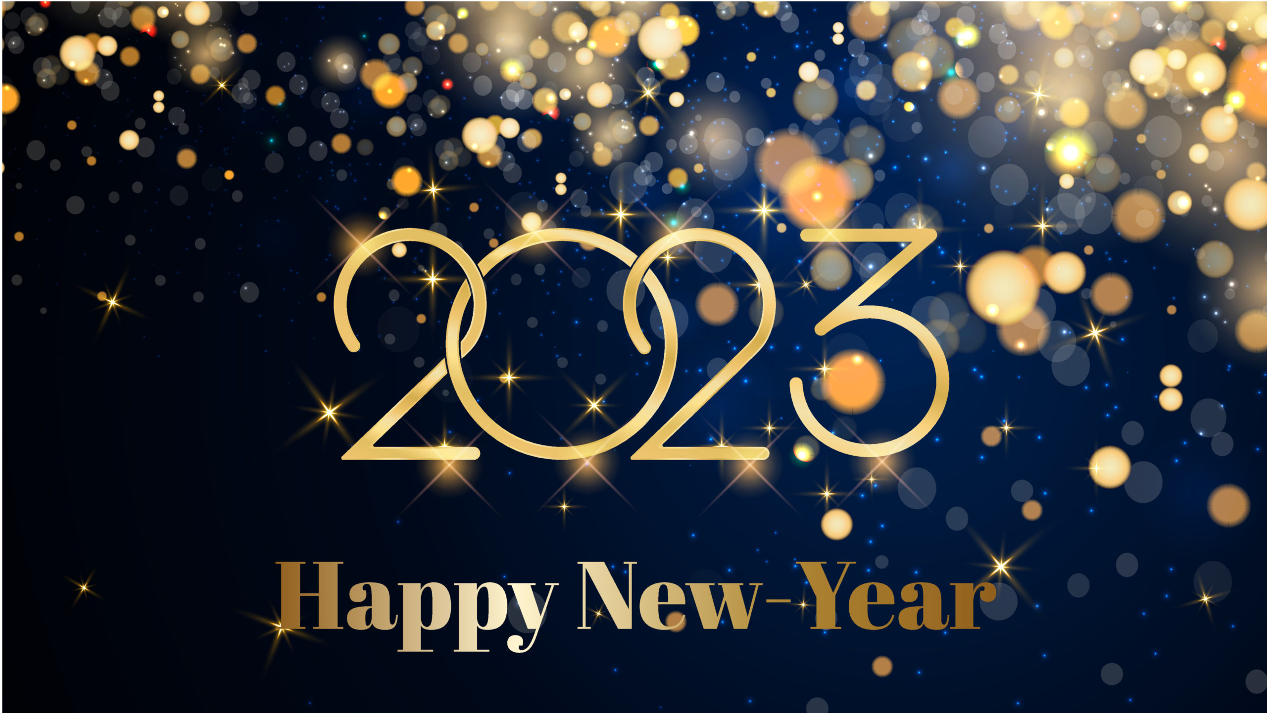card or banner on a happy new year 2023 in gold on a dark blue g